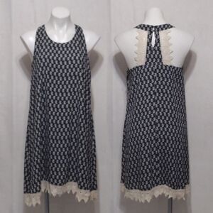 Basil Lola Black Floral Print Crochet Trim A-line Racerback Dress Medium